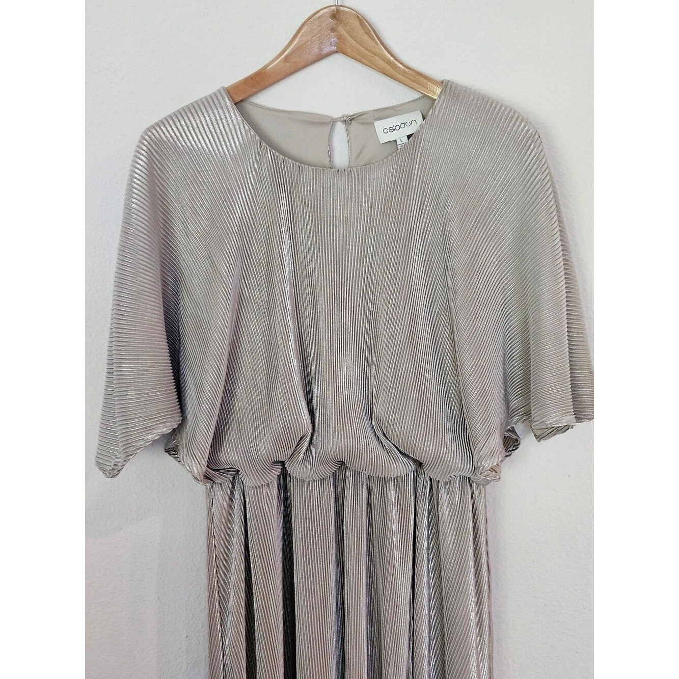 Celadon Cape Metallic Champaigne Pleated Maxi Dress with Front Slit