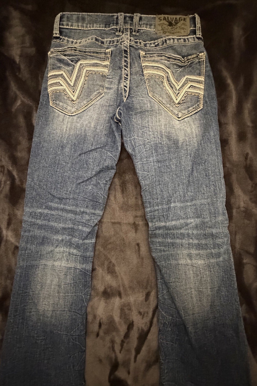 Salvage Men’s Blue Medium Wash Bootcut Denim Jeans Distressed 5-Pocket Low