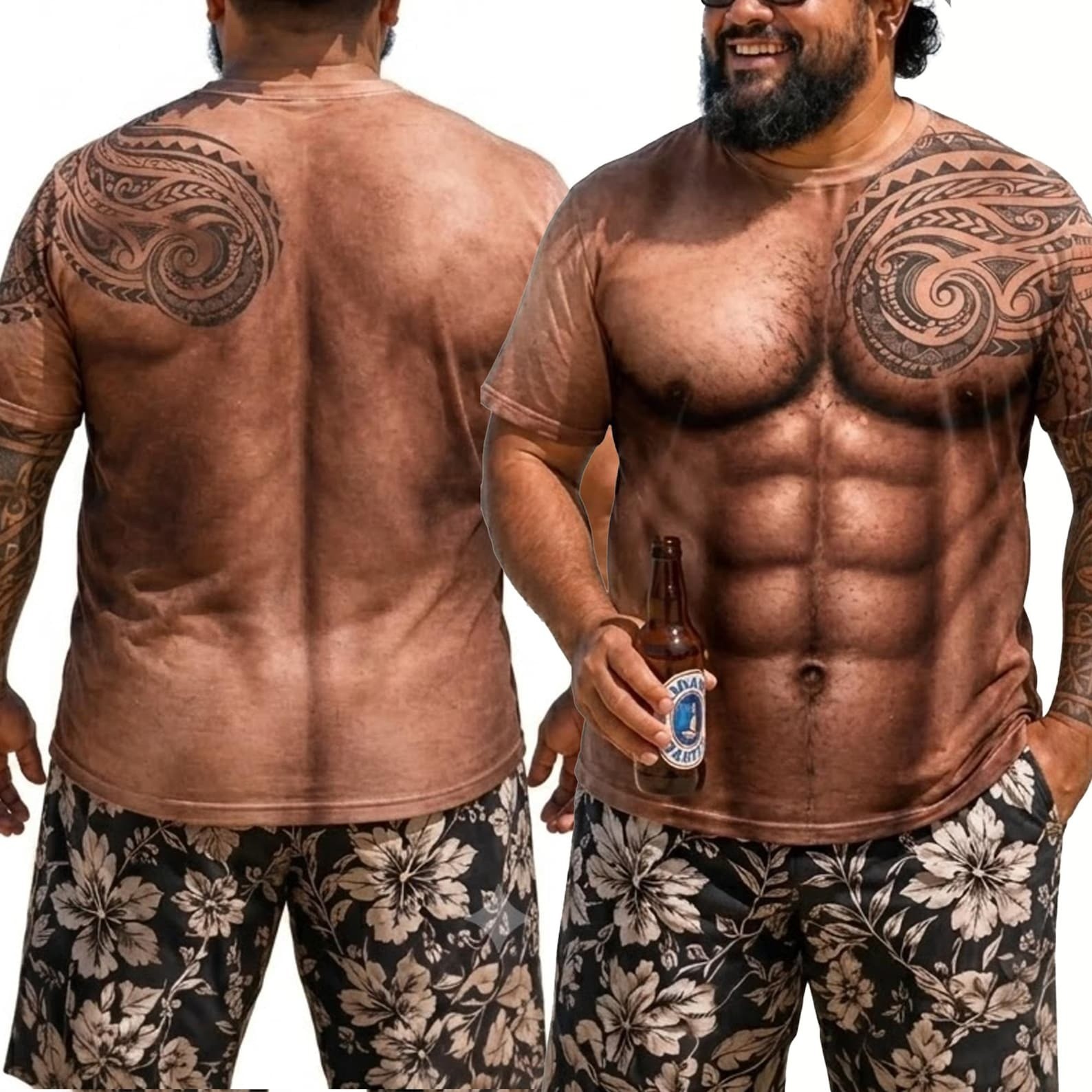 Funny Muscular Chest Tribal Tattoo Illusion 3D Novelty Graphic T-Shirt