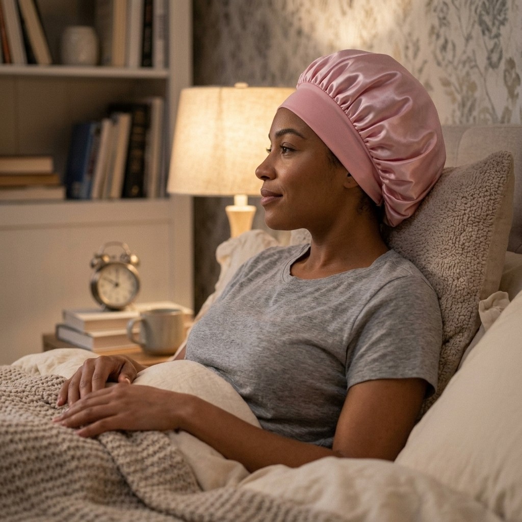 Pink Satin Hair Bonnet Adjustable Polyester Hair Protect Cap for Sleeping