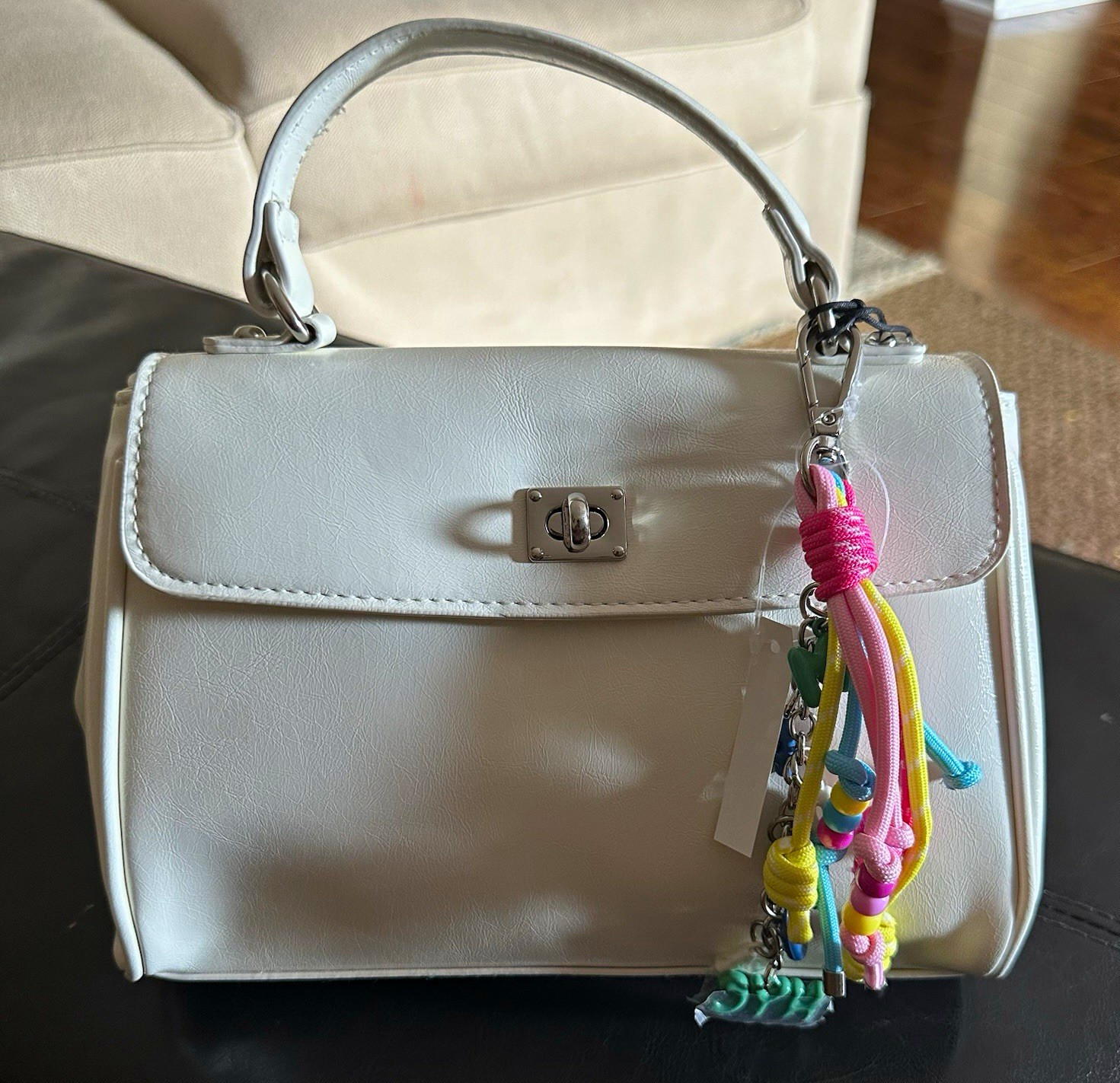 Madden NYC White Satchel Top Handle Turn Lock Zip Closure Bag Charm Silver HW