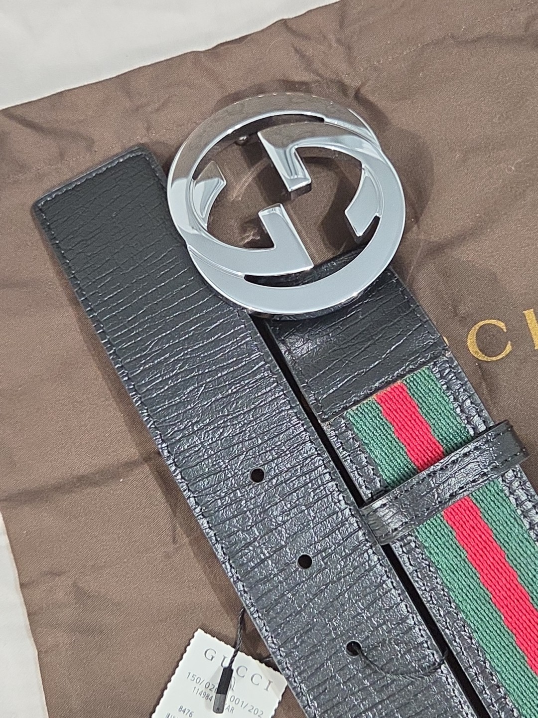 Gucci Black Green Red Striped Belt Size 38-40 IT 110CM Silver Buckle