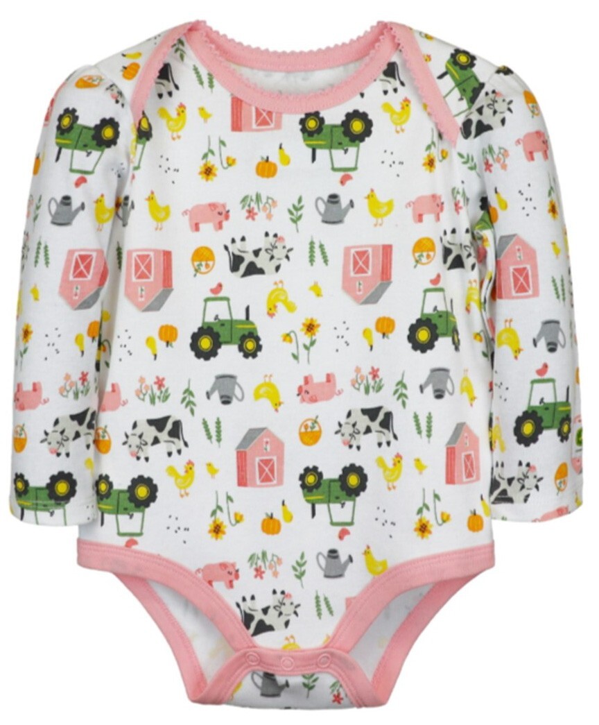NEW John Deere White Farm Animals Tractor Bodysuit Sizes 3/6, 6/9, 9/12 Months