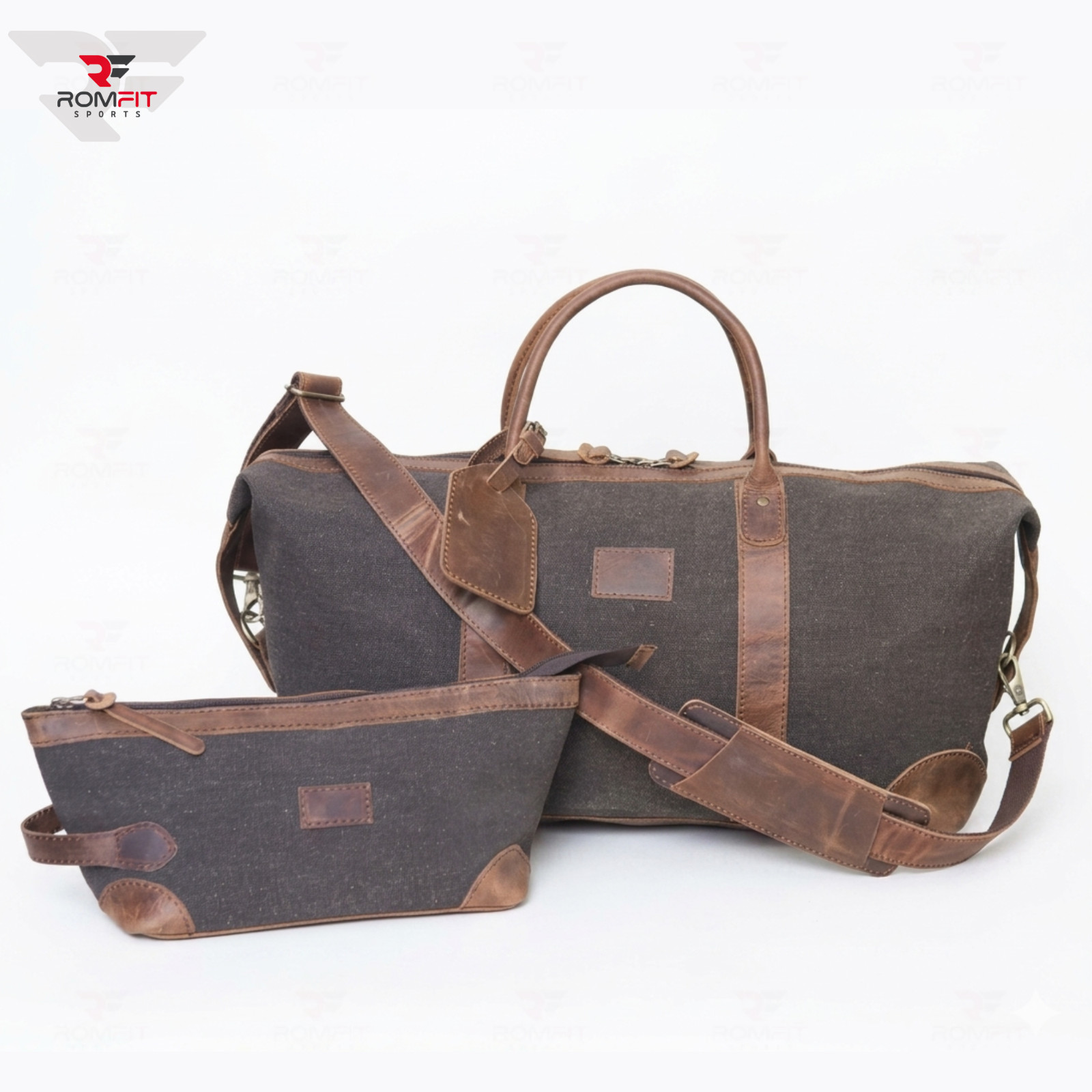 Waxed Canvas Leather Duffel Bag Weekender Travel Gym Bag w/ Toiletry Pouch