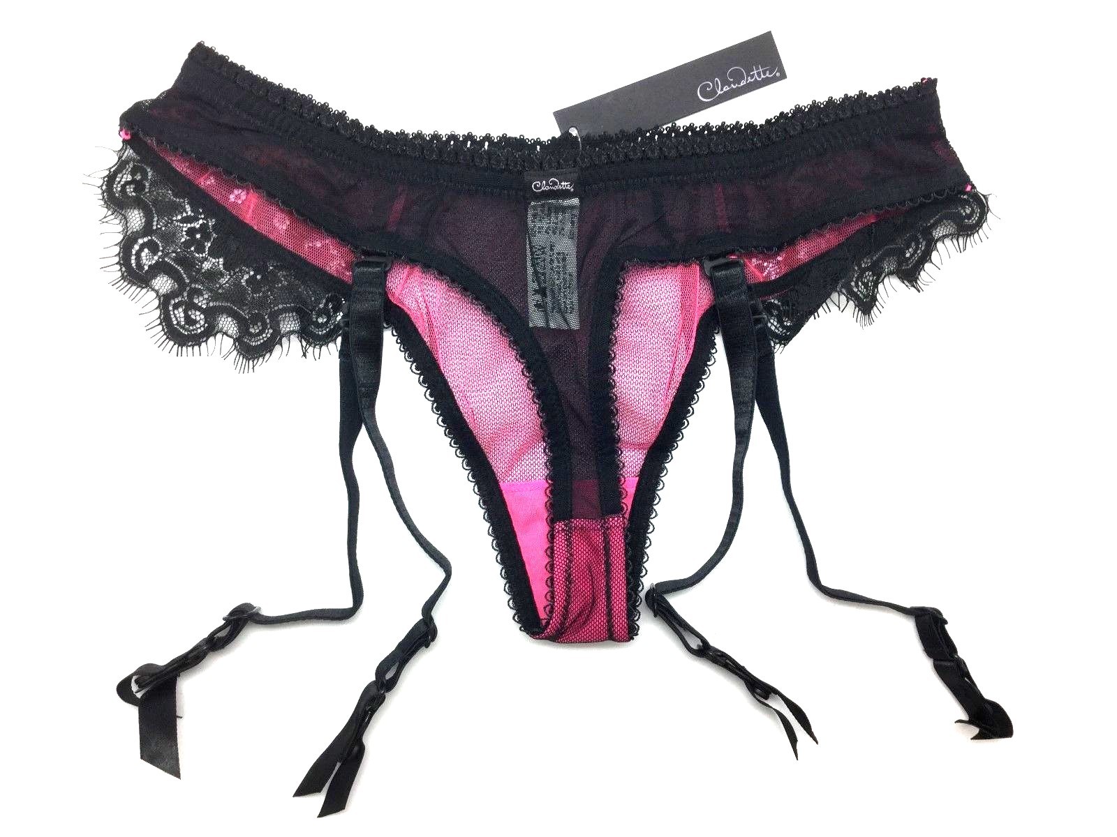 Claudette En Dentelle Intense Garter Thong Pin Up Neon Pink Bikini Panty Women’s