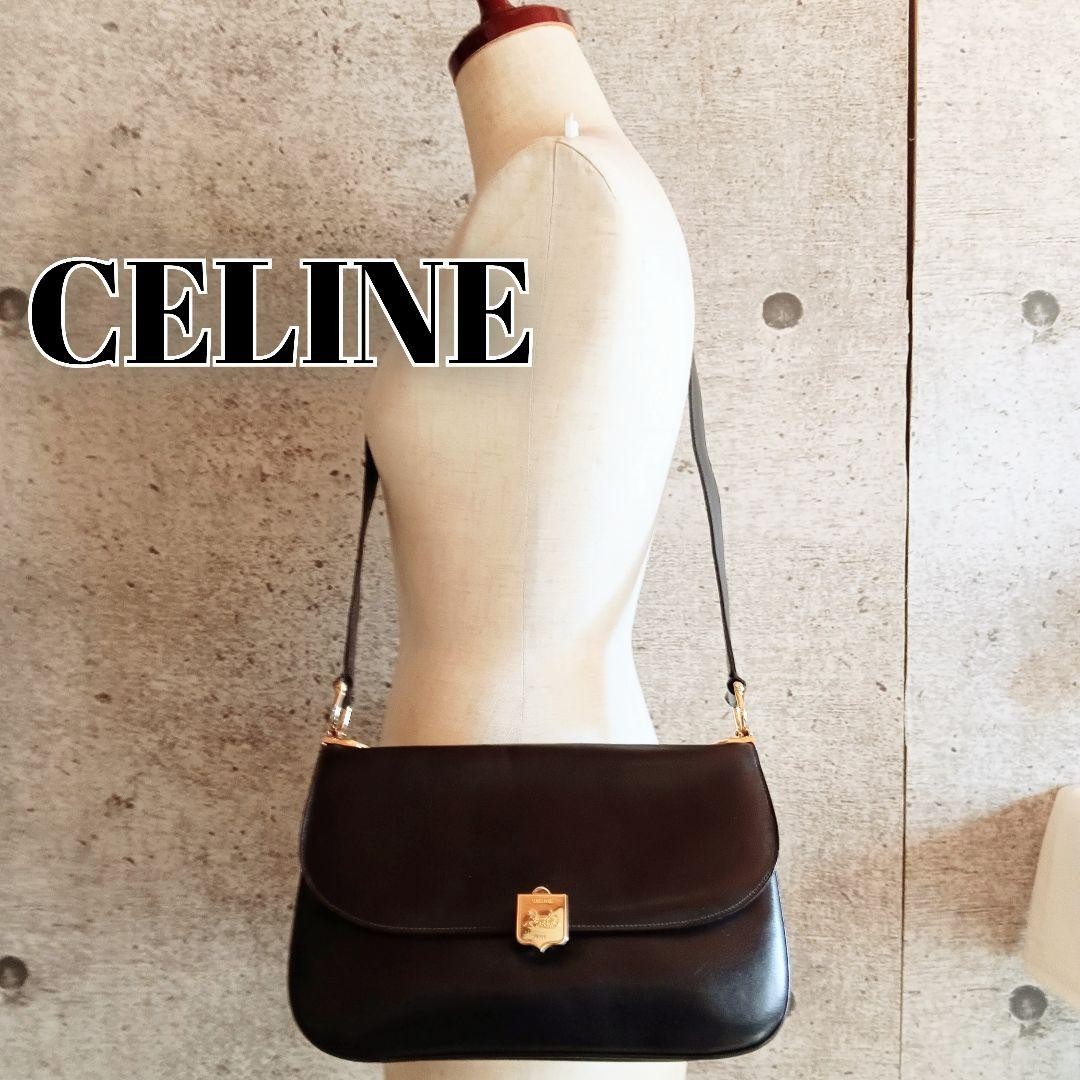 CELINE Leather Shoulder Bag Vintage 27cm/10.63in Dark Brown Gold Hardware