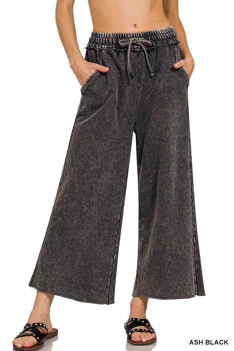 SIZE SML ZENANA ASH BLACK MINERAL WASH FRENCH TERRY WIDE LEG PANTS/CROP BHCS
