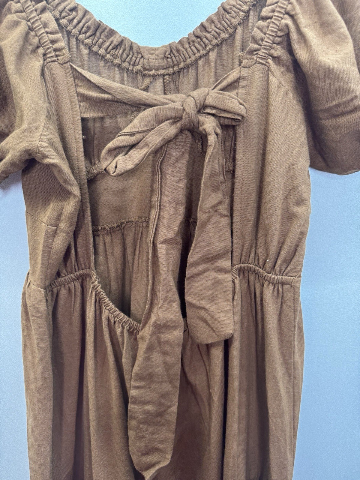 Sim & Sam NWT Tiered Linen Blend Maxi Dress Open Back With Ties Beach Earthy M