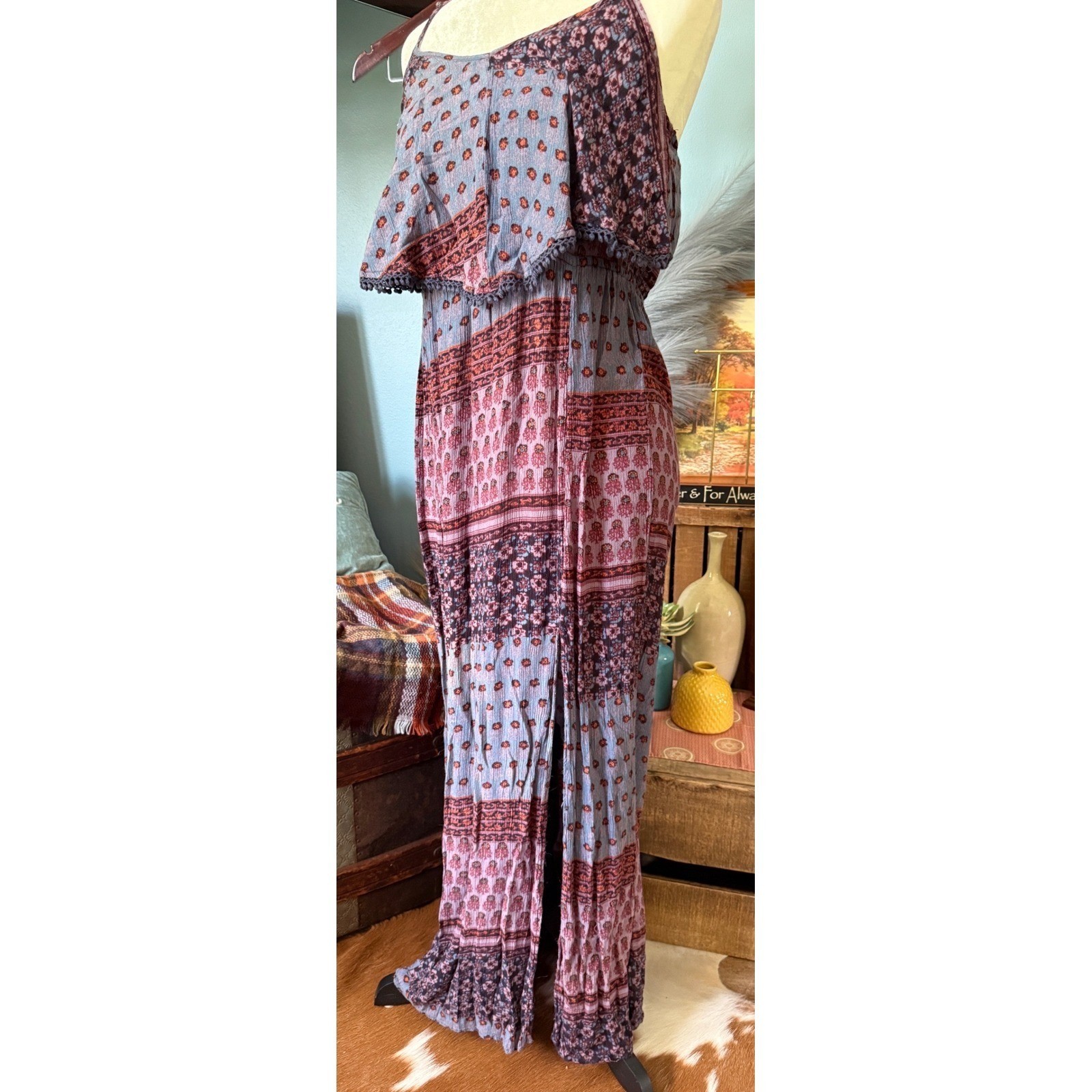 Boho Floral Pom Pom Trim Cutout Back Maxi Dress Purple M