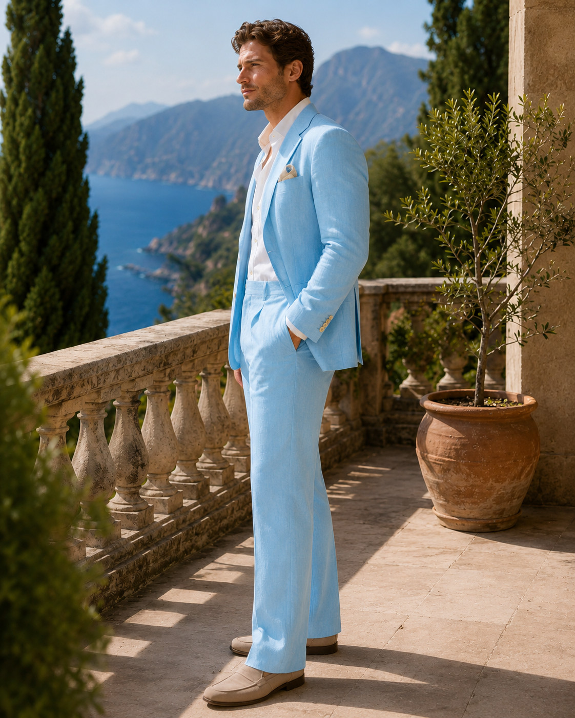 Mens Light Blue Linen Suit Jacket Pants Wedding Beach Prom Groom Party 2pc Set