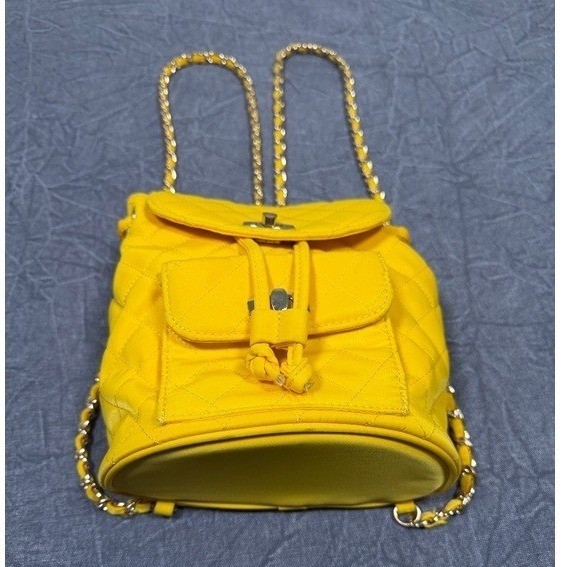 Forever 21 Yellow Quilted Mini Backpack Gold Chain Straps Turn Lock Closure