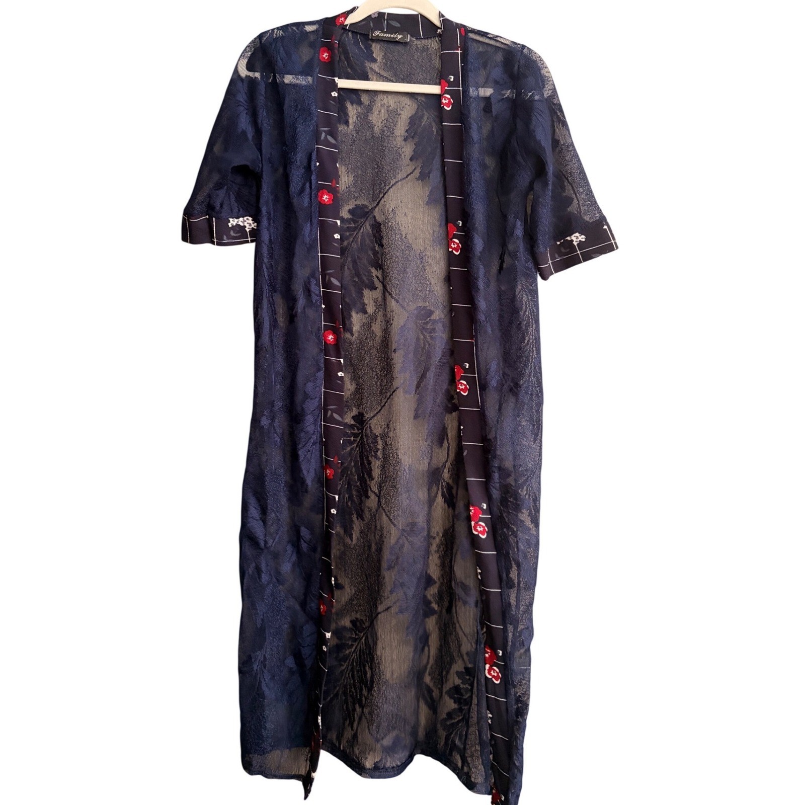 Navy Blue Sheer Lace Mesh Burnout Leaf Duster Cardigan Floral Trim Kimono NWOT