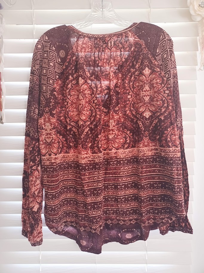 Lucky Brand Womens XL Boho Peasant Top Burgundy Pink Tassel Tie Linen Blend
