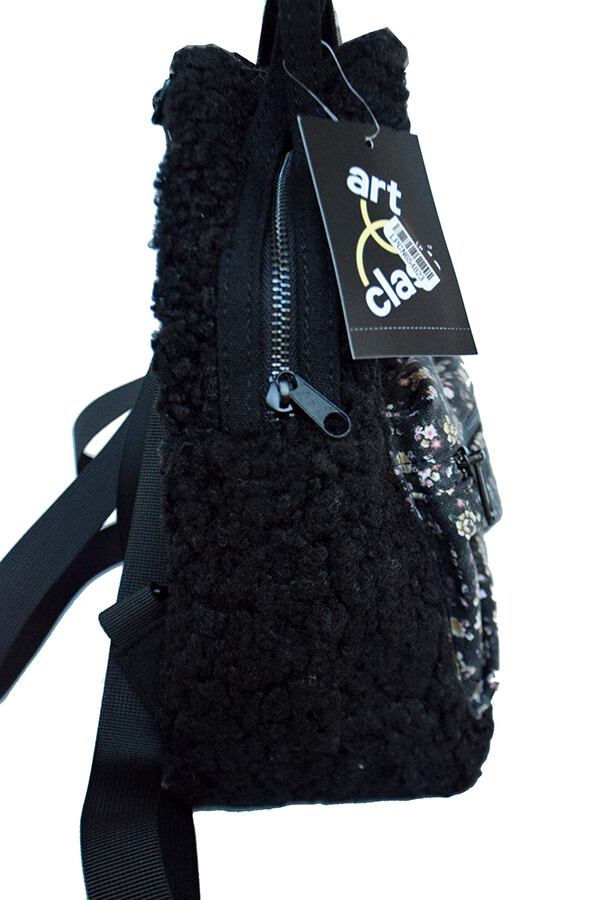 Art Class Mini Backpack Black Fleece & Fabric Floral Pocket Girls School Bag NEW