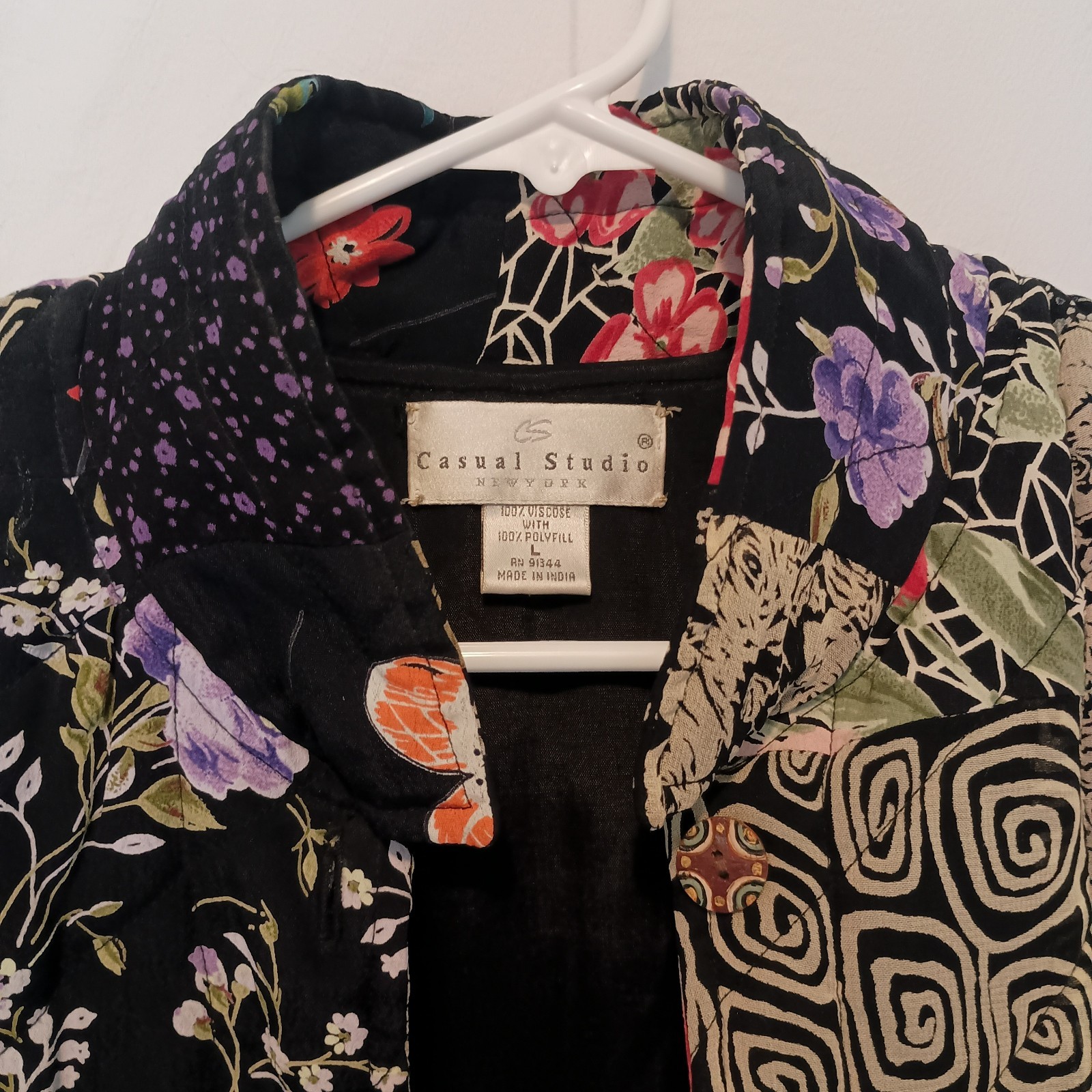 Patchwork Mixed Print Boho Artsy Eclectic Collared Top Jacket SZ L