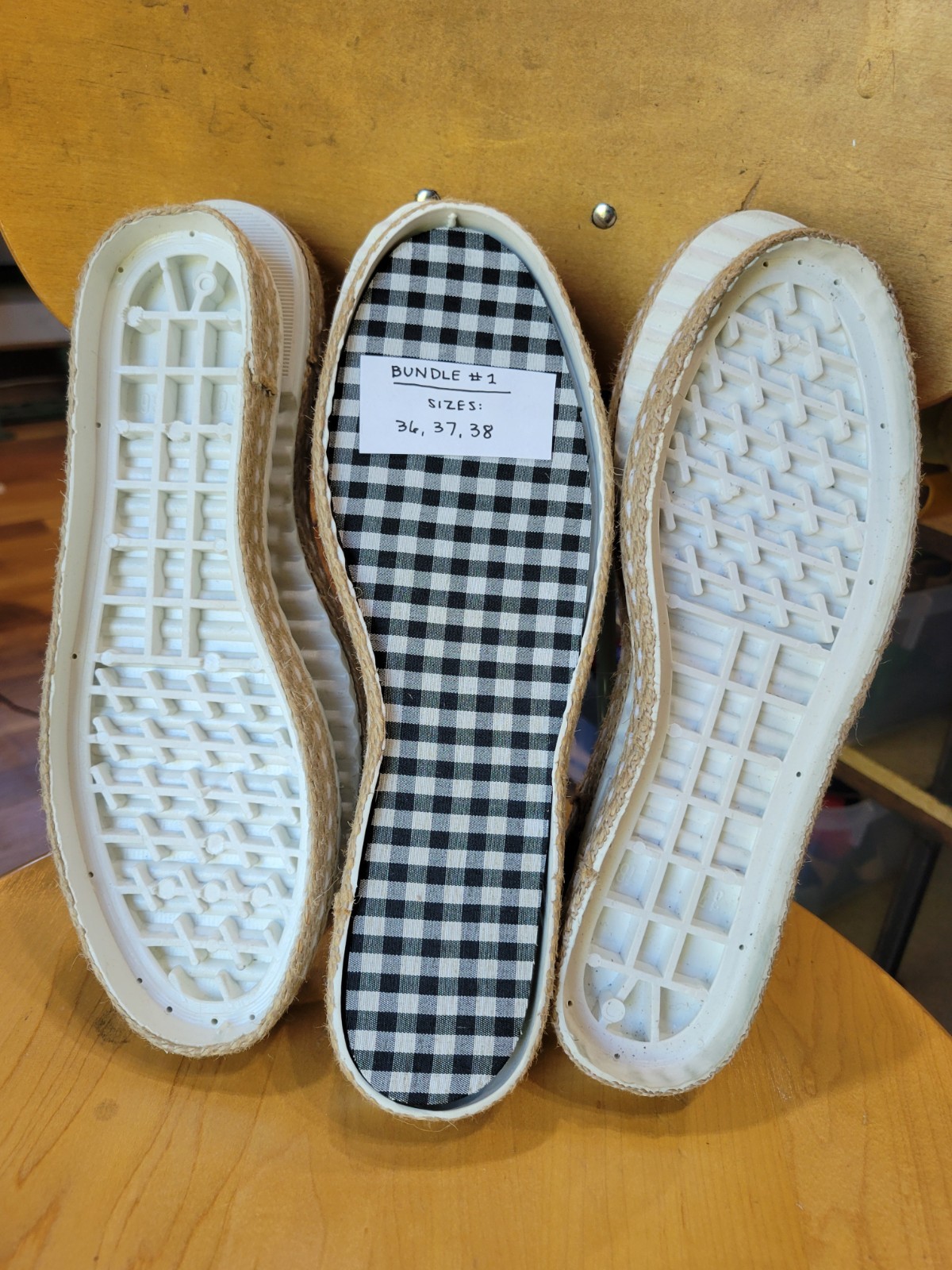 “Loren” Woven Soles, 3 pairs, sizes 36, 37, 38 White, Corrugated rubber soles