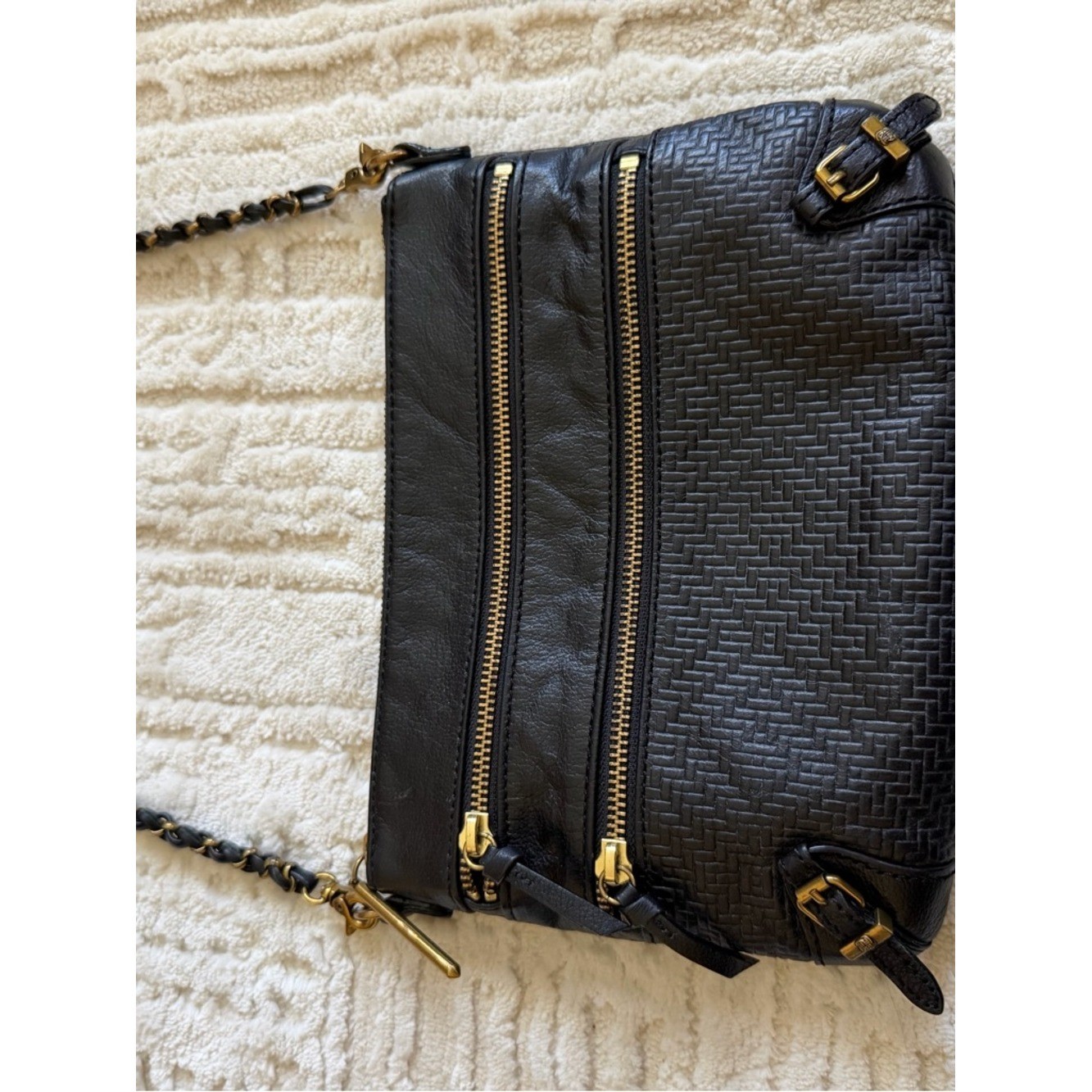 Elliott Lucca Black Leather Crossbody Bag Woven Texture Gold Hardware Multi Zip