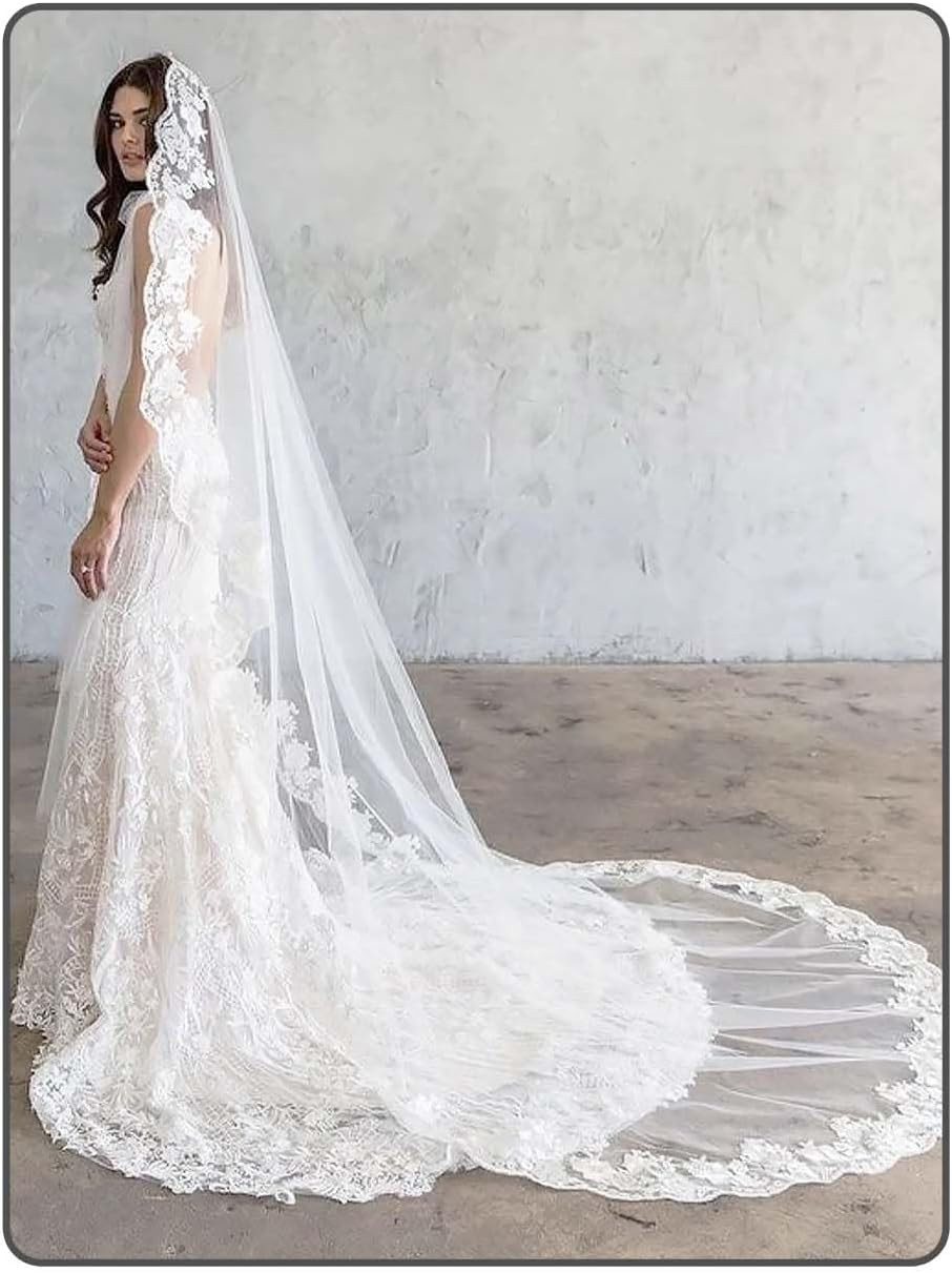 Cathedral Wedding Veil with Comb 1 Tier Lace Long Veils Lace Applique Veil for W
