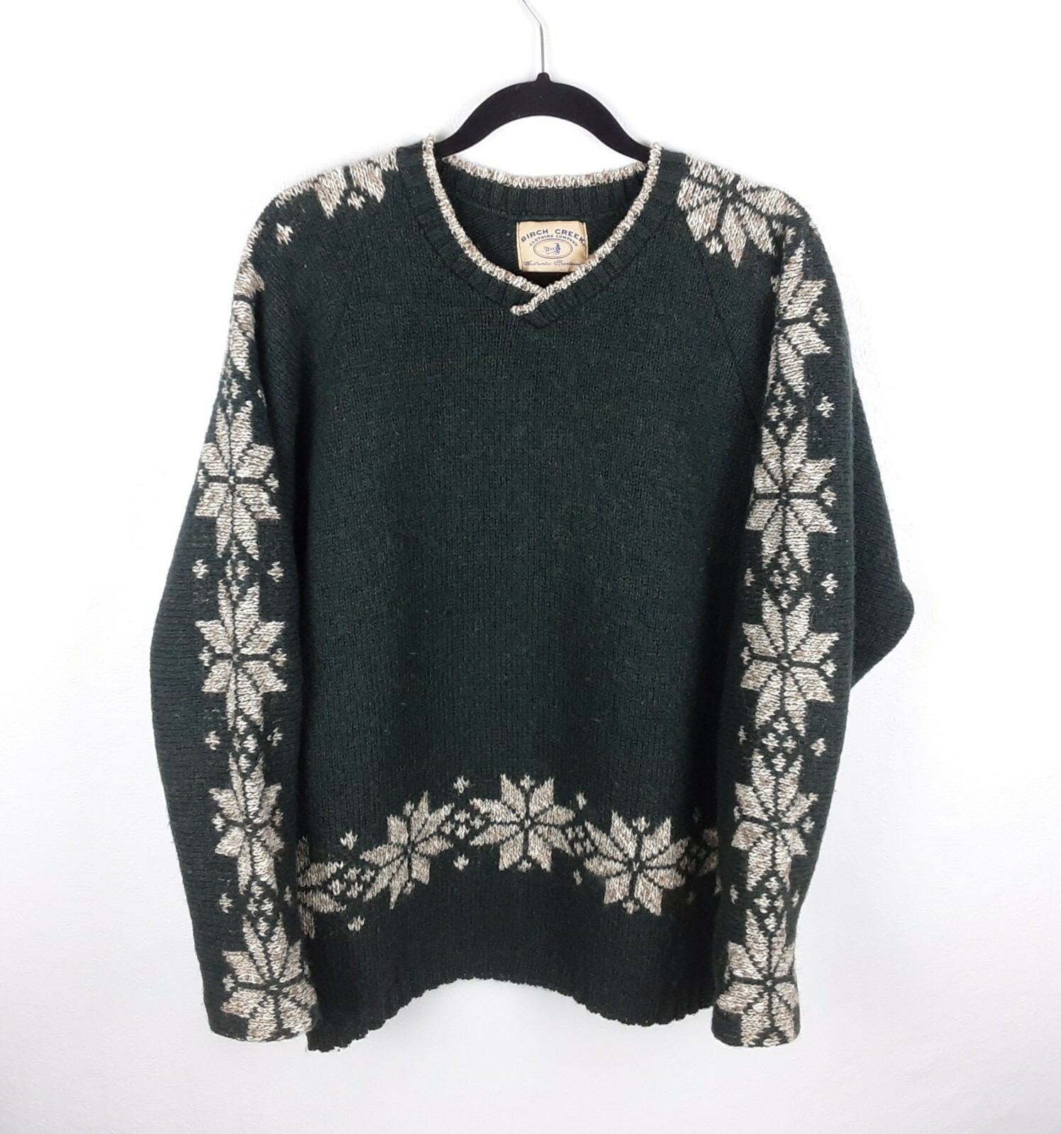 VTG Birch Creek Clothing Company Wool Blend Green Snowflake Sweater USA Sz M