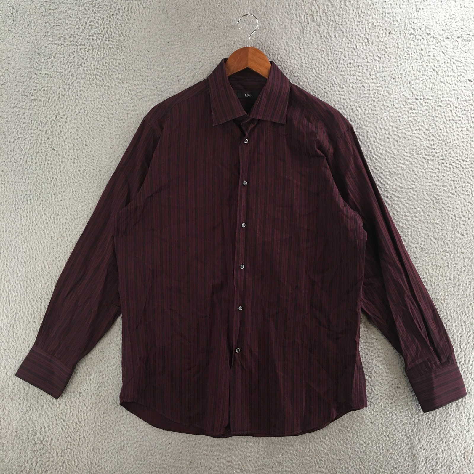 Hugo Boss Dress Shirt Mens 16.5 Striped Button Up Long Sleeve Cotton Burgundy