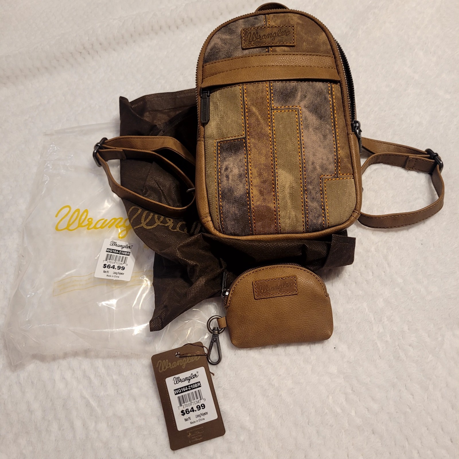 Wrangler Mini Denim Patchwork Backpack w/ Coin Purse Zip Brown Blue