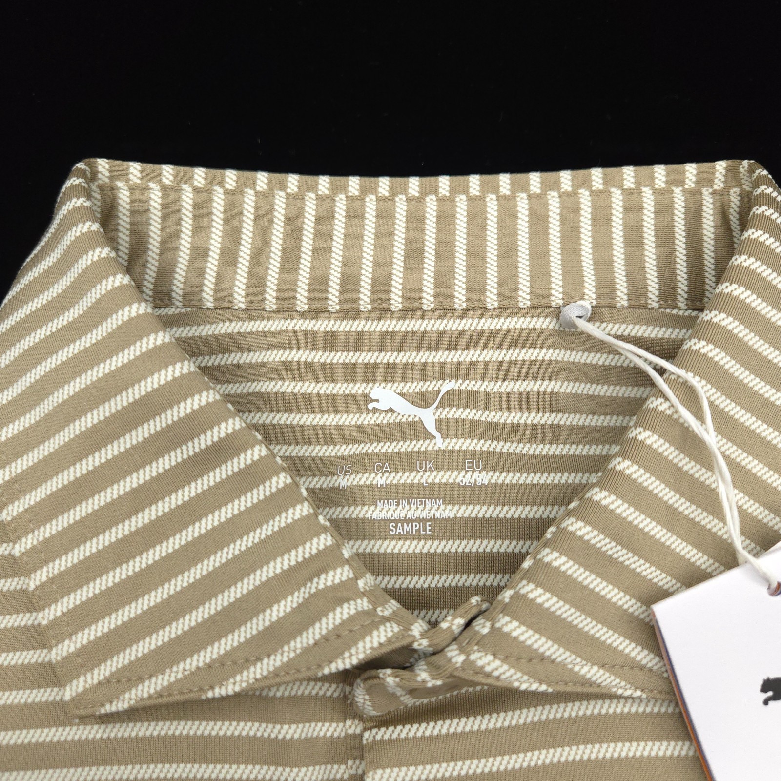 Puma Polo Golf Shirt Mens -M Brown White Performance Stripe Stretch Lisle Smooth