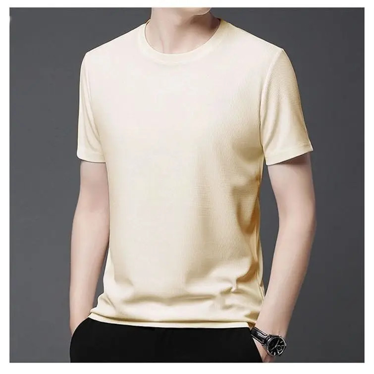 Men T-shirt New Summer Waffle Round Neck Short Sleeved T-shirt Men’s Short Sleev