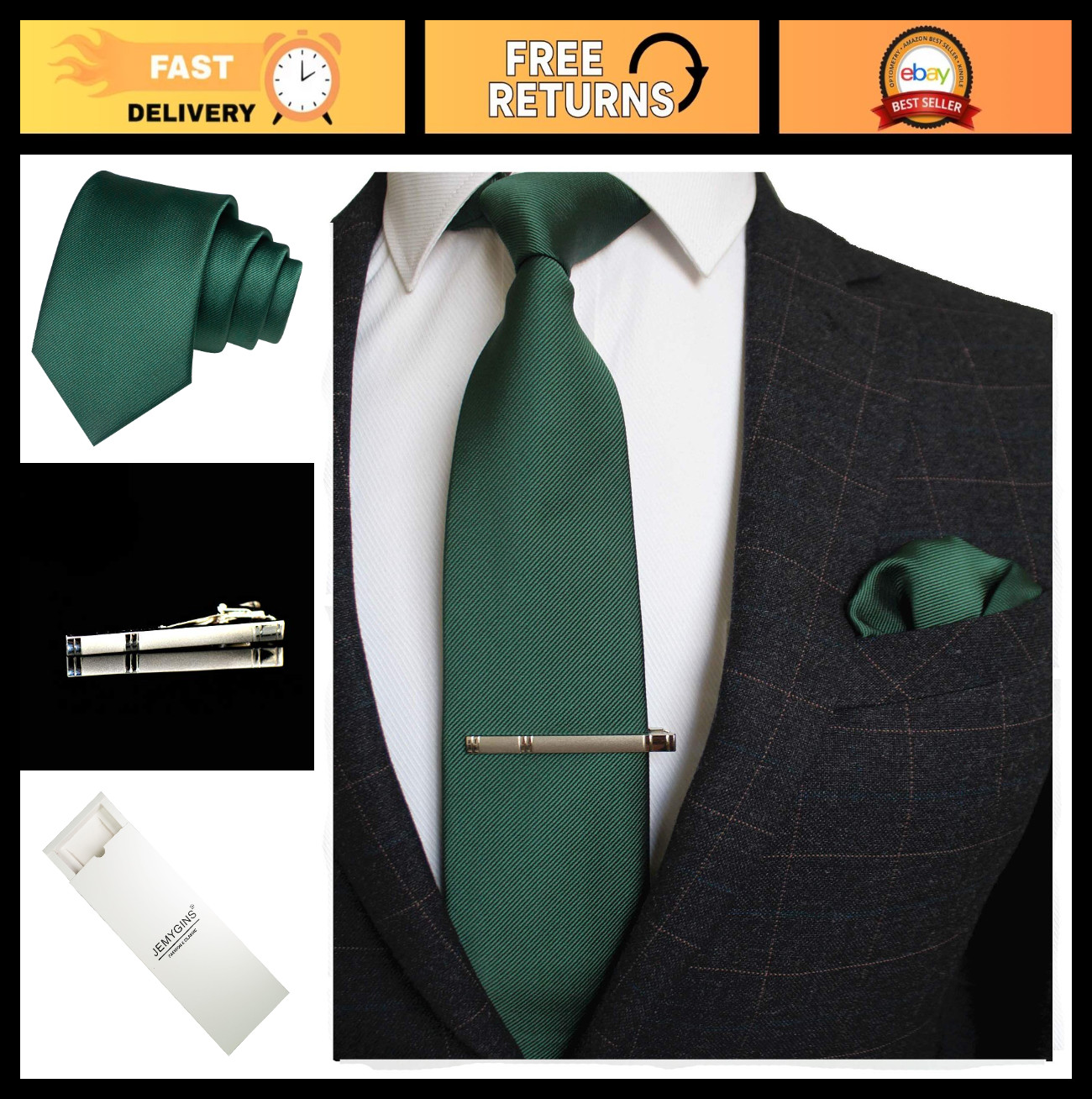Solid Color Formal Necktie & Pocket Square Set with Tie Clip for Men – Stylish A