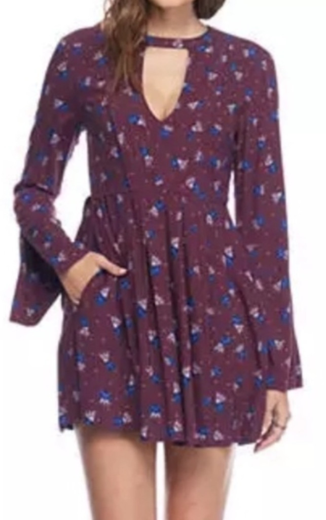 Free People Tegan Mini Dress Size 8 Bell Sleeve Purple Blue Floral Boho Babydoll