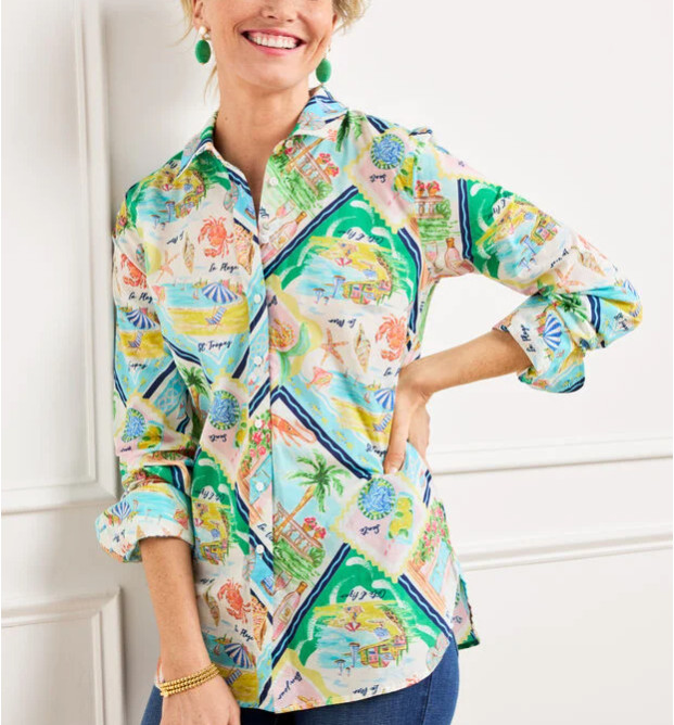Talbots Button-Up Modern Classic Shirt Summer Vista Novelty Print Vacation XLP