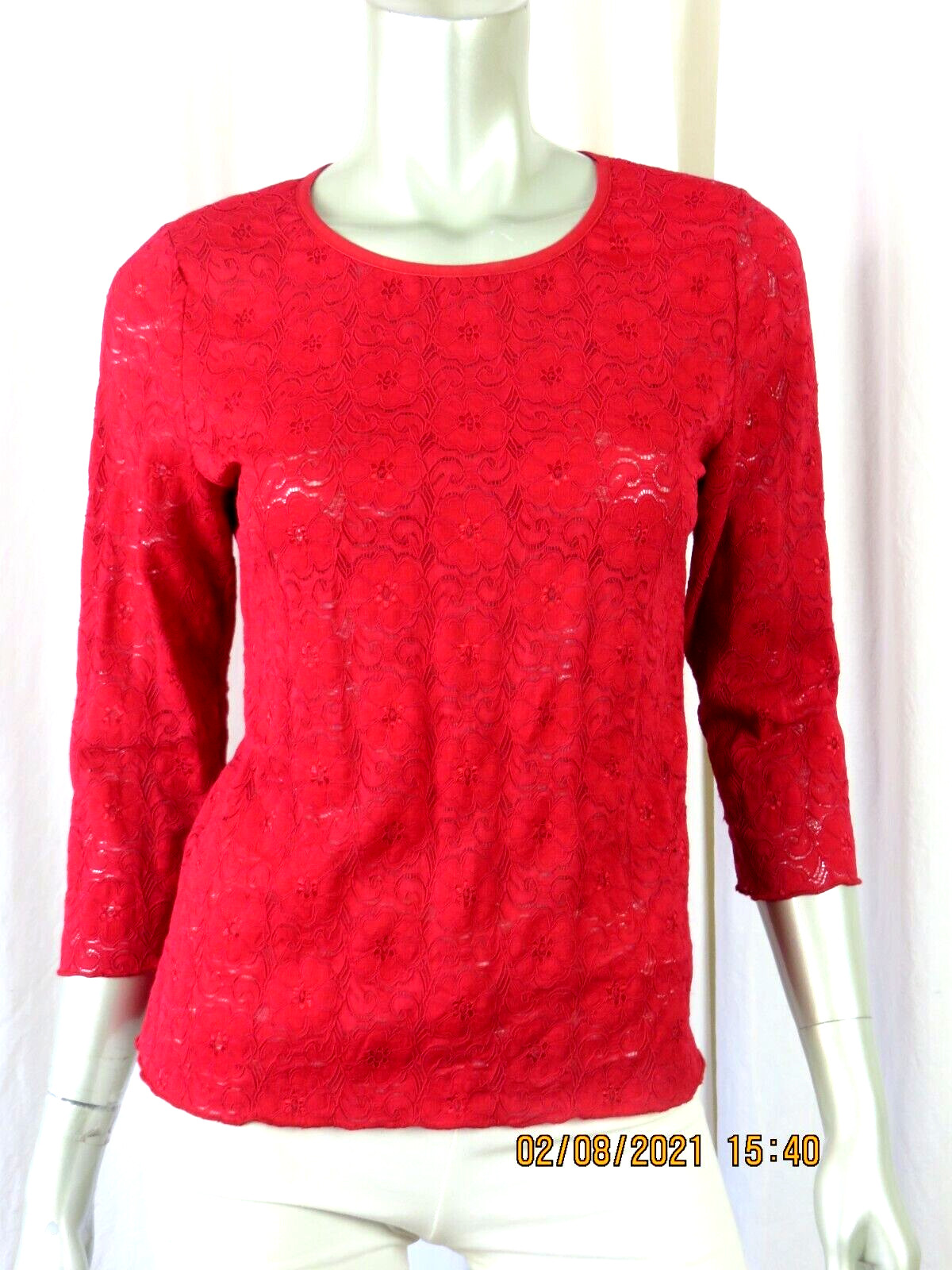 B. Moss SZ M Nylon/Span Red Semi Sheer Stretchy-Lace Fabric 3/4 Sleeve Top Shirt