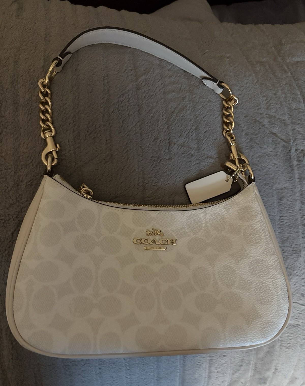 Coach Signature Logo White Teri Shoulder Bag w/ Gold Chain Strap, Zip & Charm