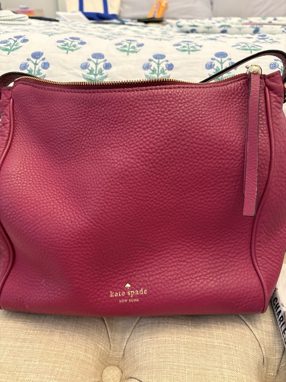 Kate Spade New York Pink Pebbled Shoulder Bag Zip Striped Lining Gold Hardware