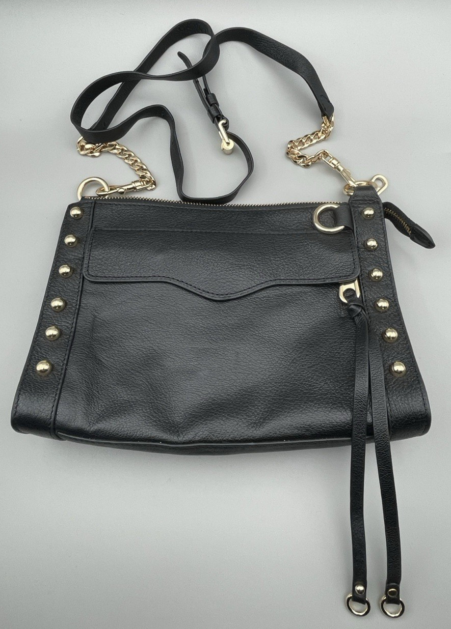 Rebecca Minkoff Women’s M.A.B. Crossbody Gold Studs Pebbled Black Leather Purse