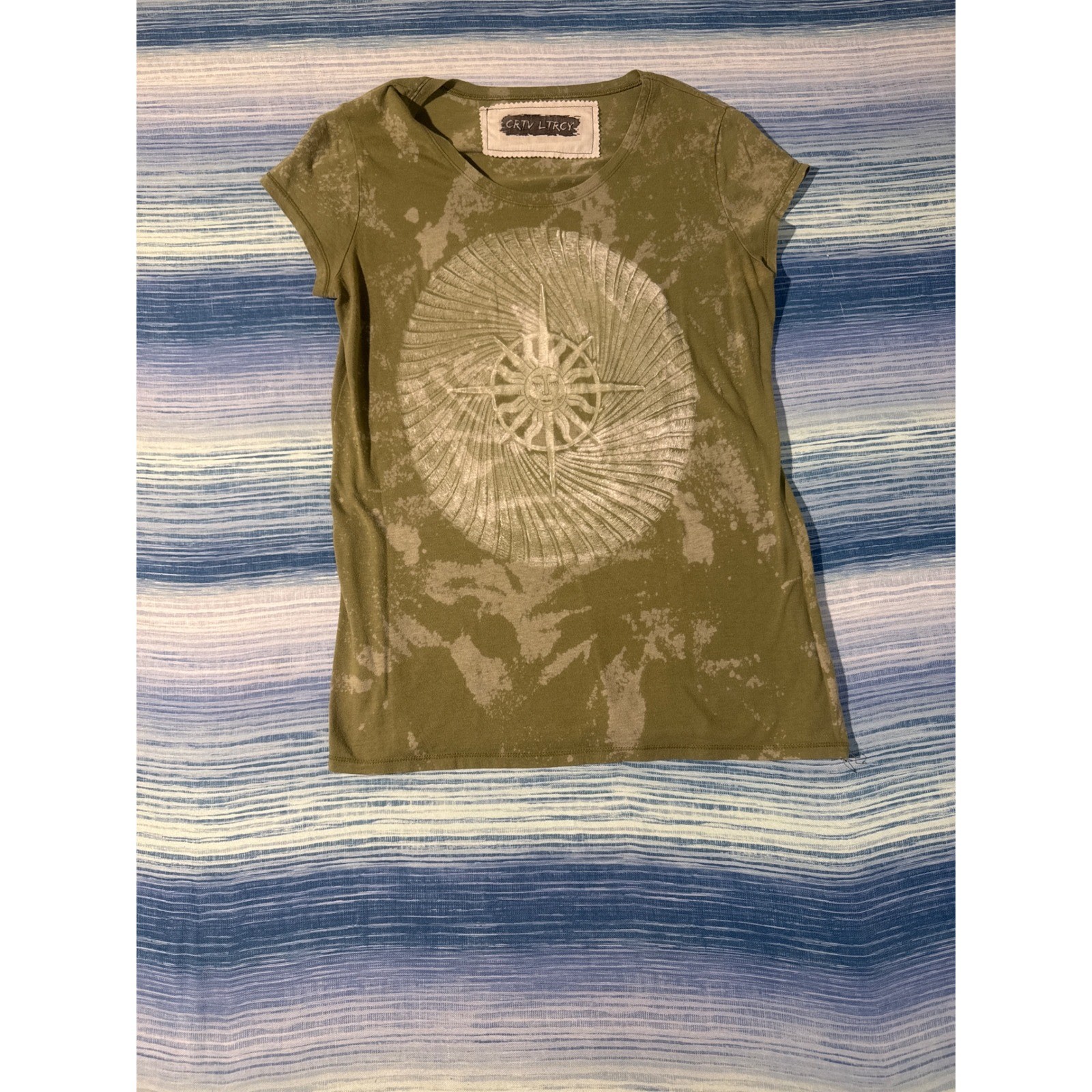 Upcycled Sun Block Print Bleach Wash Tee Olive Green Medium 1of1