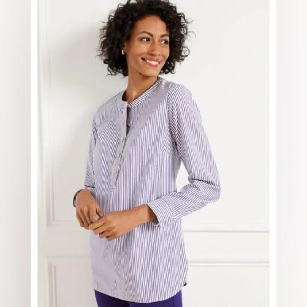 Talbots Noniron Purple Vertical Striped Jewel Button Popover Blouse Size Large