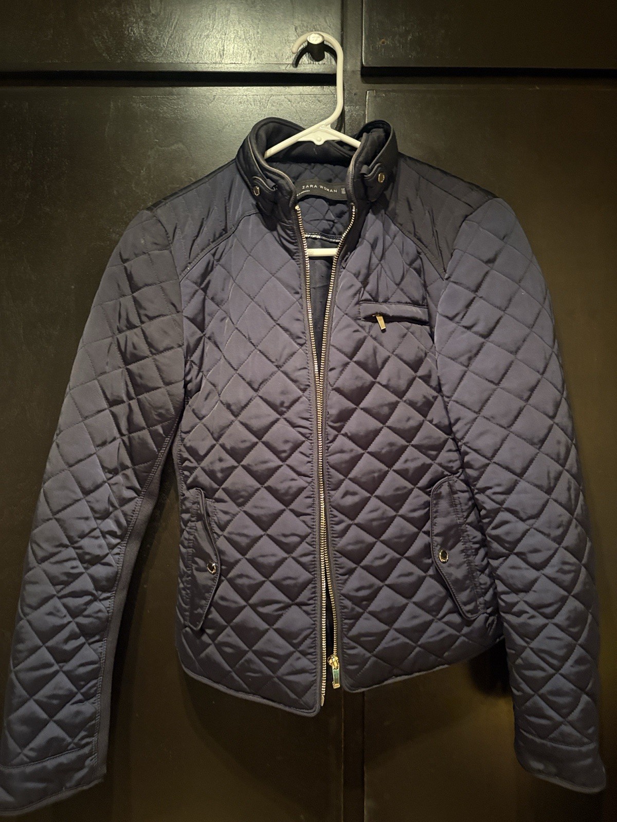 Zara Woman Women’s Navy Quilted Full Zip Jacket w/ Pockets Size S Short