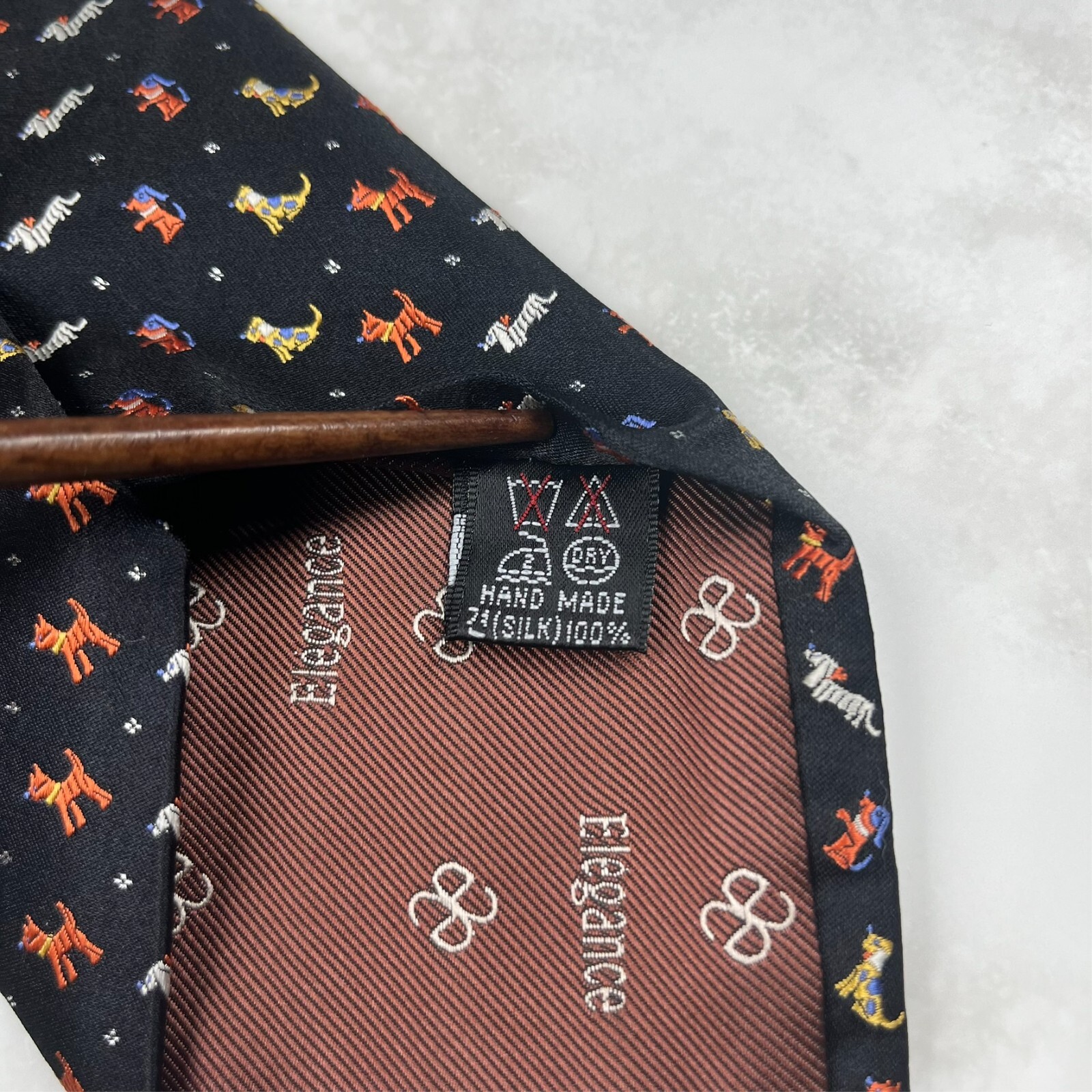 Elegance Paris Silk Men’s Necktie Geometric All Over Dog Print Crest Black