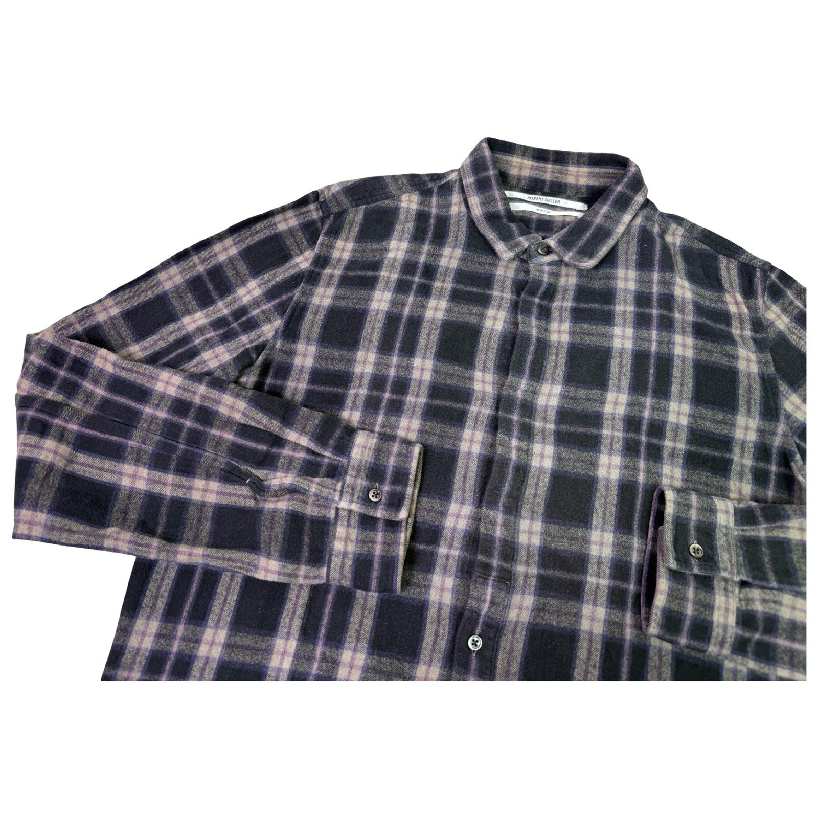 Robert Geller Shirt Men’s 52 Black Purple Plaid Lightweight Flannel Long Front