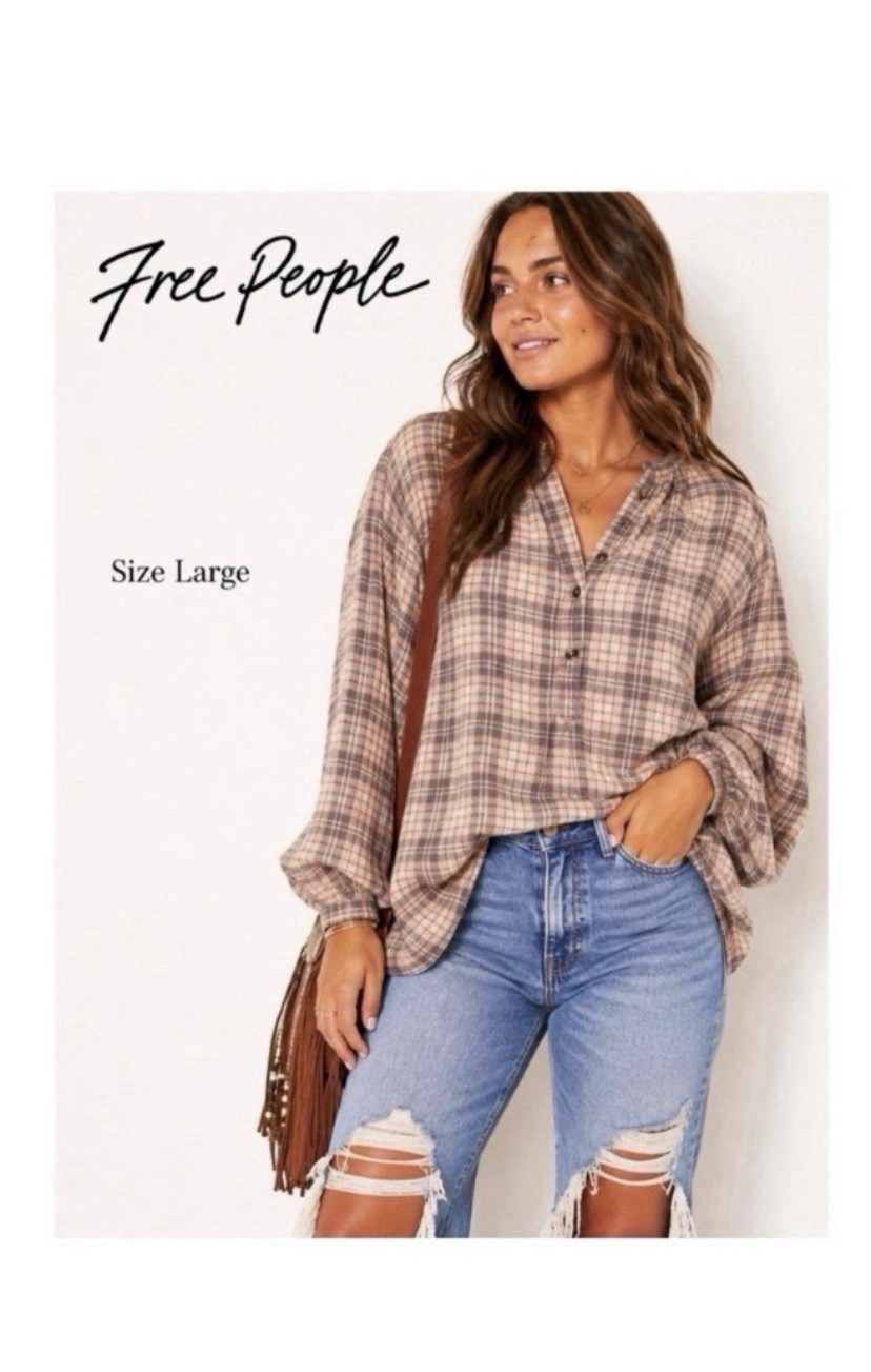 Free People Beige Plaid Oversized Boho Blouse Size Large