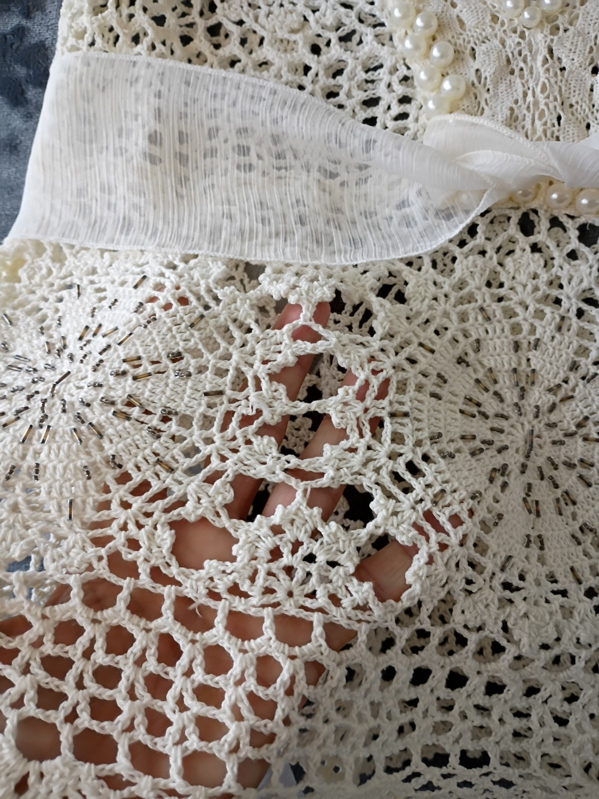 STYLE BRAND QUALITY Crochet top`Pearls Ruffle sleeve seed beads NICE!! LARGE