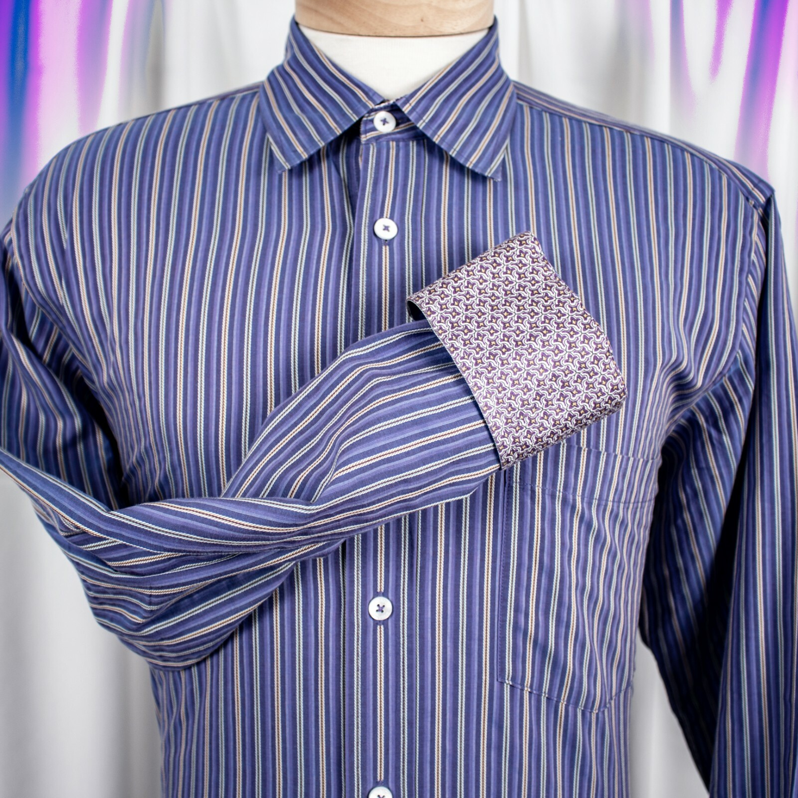 BUGATCHI Purple Lavender Gray Orange Stripes Men Dress Shirt Size L