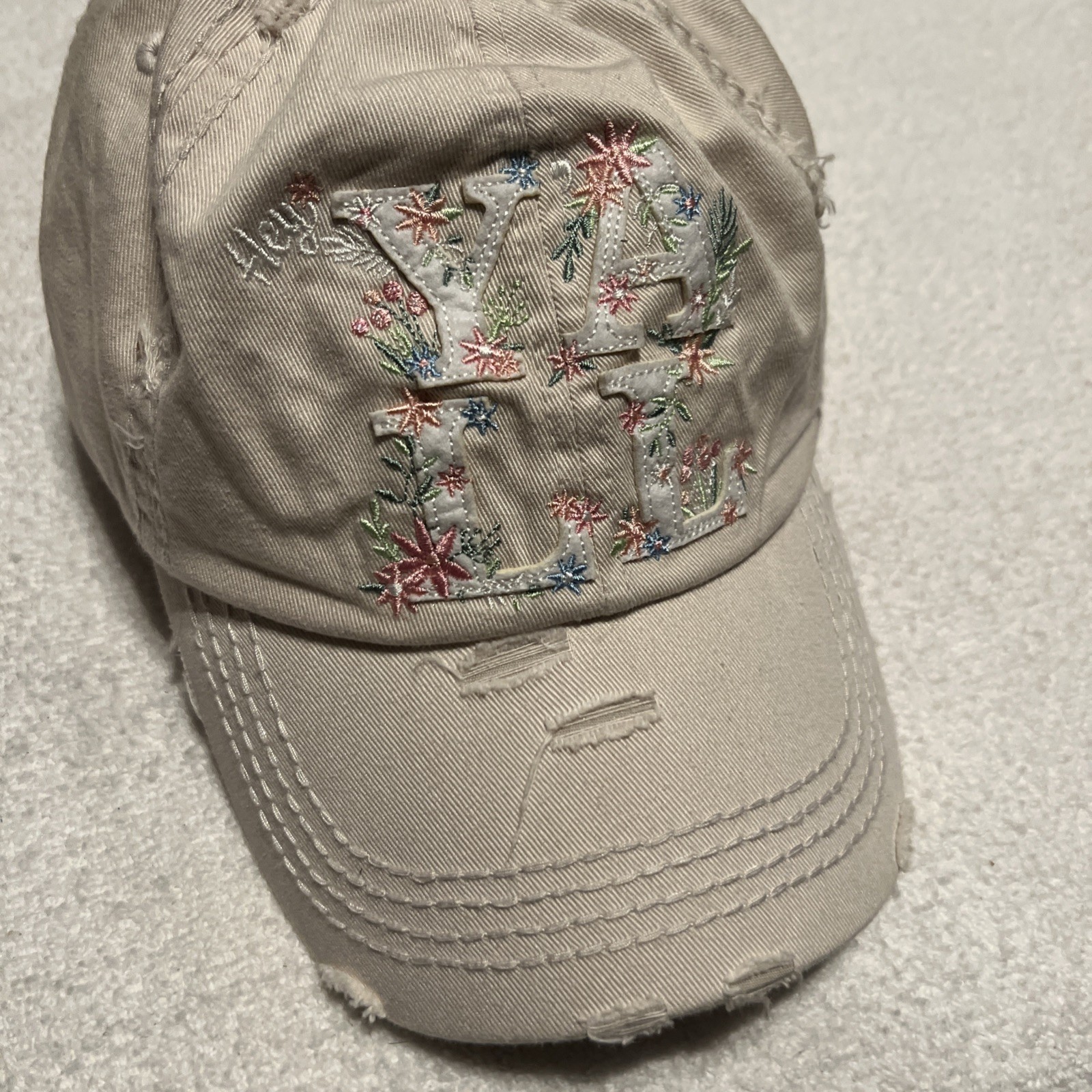 Kbethos VIntage Hey Yall Hat Distressed Cap Ball Adjustable Beige Floral Stitch