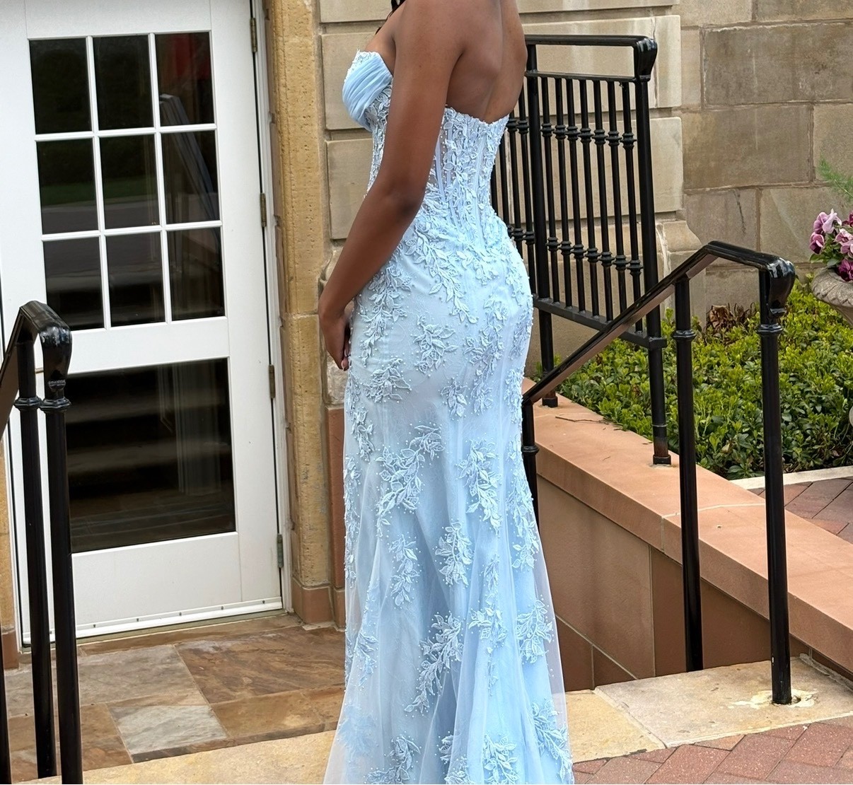 prom dress size 0 sherri hill formal long light blue corset with leg slit
