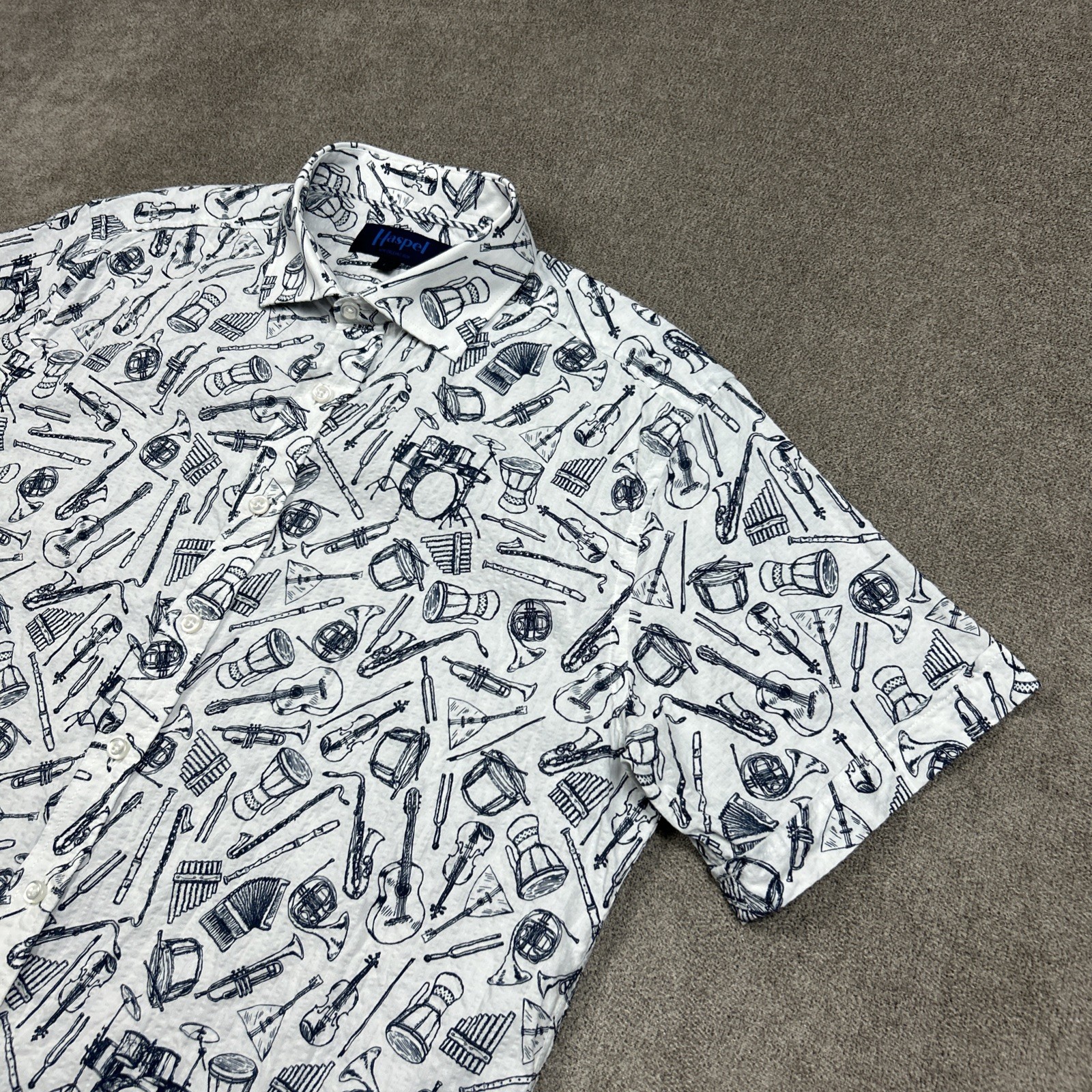 Haspel New Orleans Button Shirt Mens L White Jazz Instruments AOP Italy Made