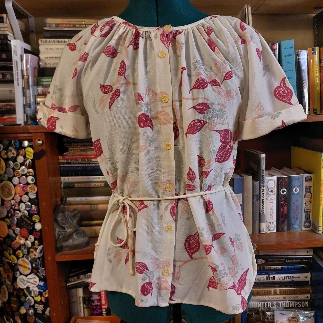 Vintage white and pink floral print top with matching tie ribbon.