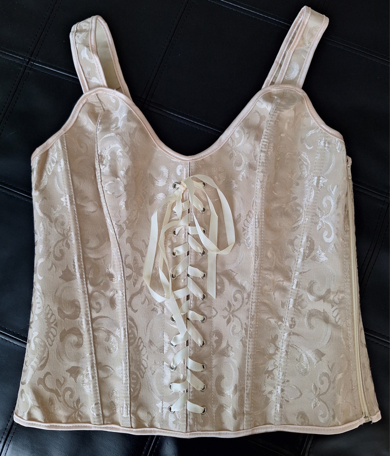 NEW Beige Satin Jacquard Strap Bustier Ribbon Lace up & Zipper Closure Corset L