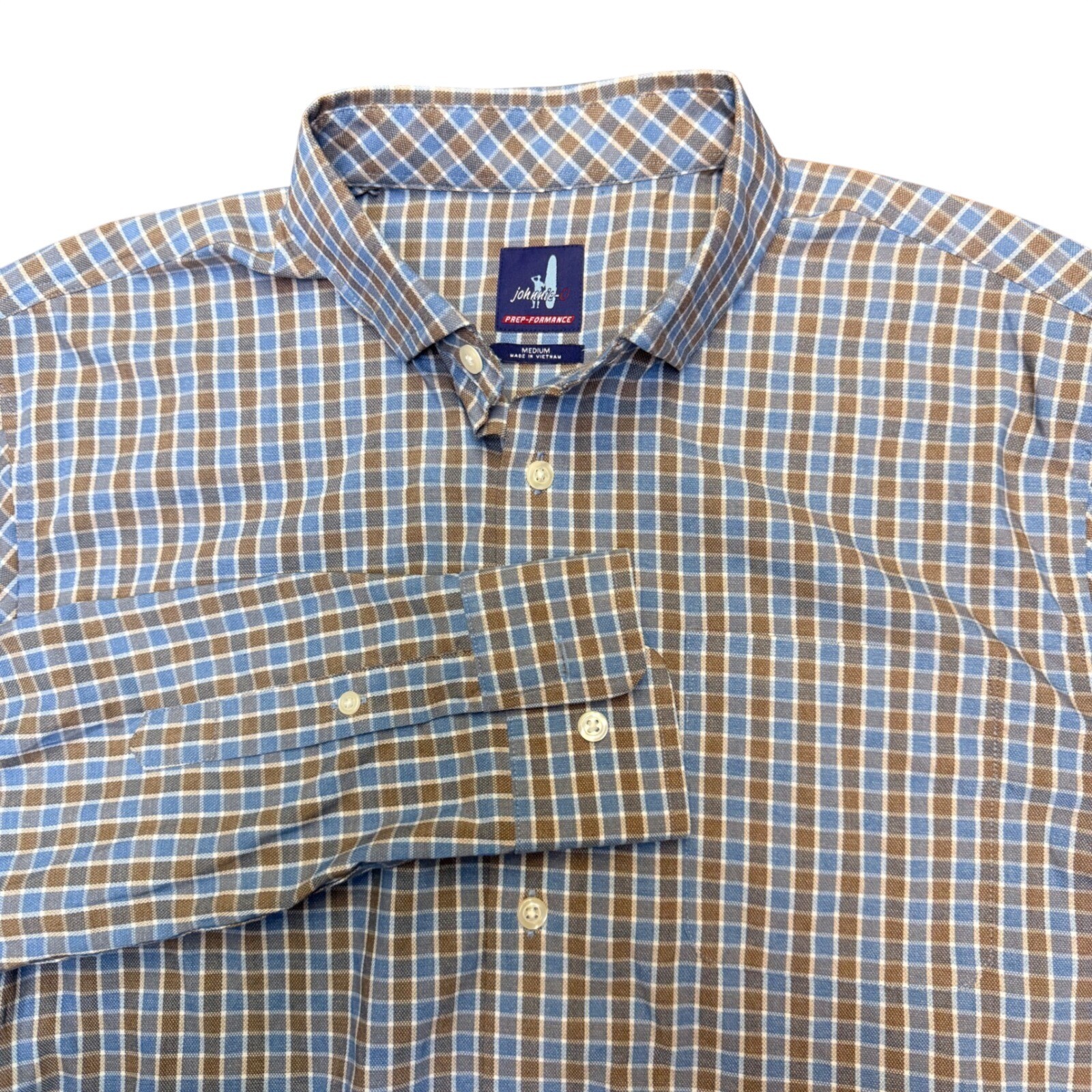 Johnnie-O Newland Prep-Formance Shirt Mens Medium Laguna Blue Check Golf
