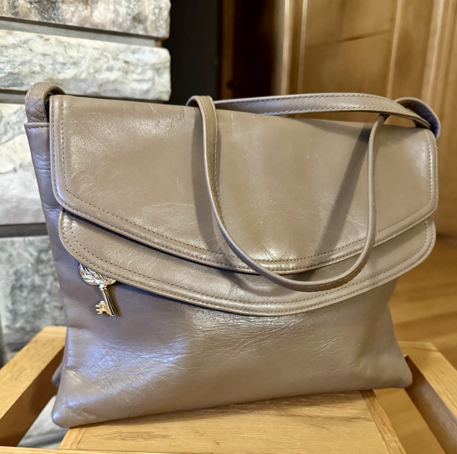 Italian Leather Shoulder Bag 2 Flap Tan Saddlebag Divided Purse Gold Logo Fob