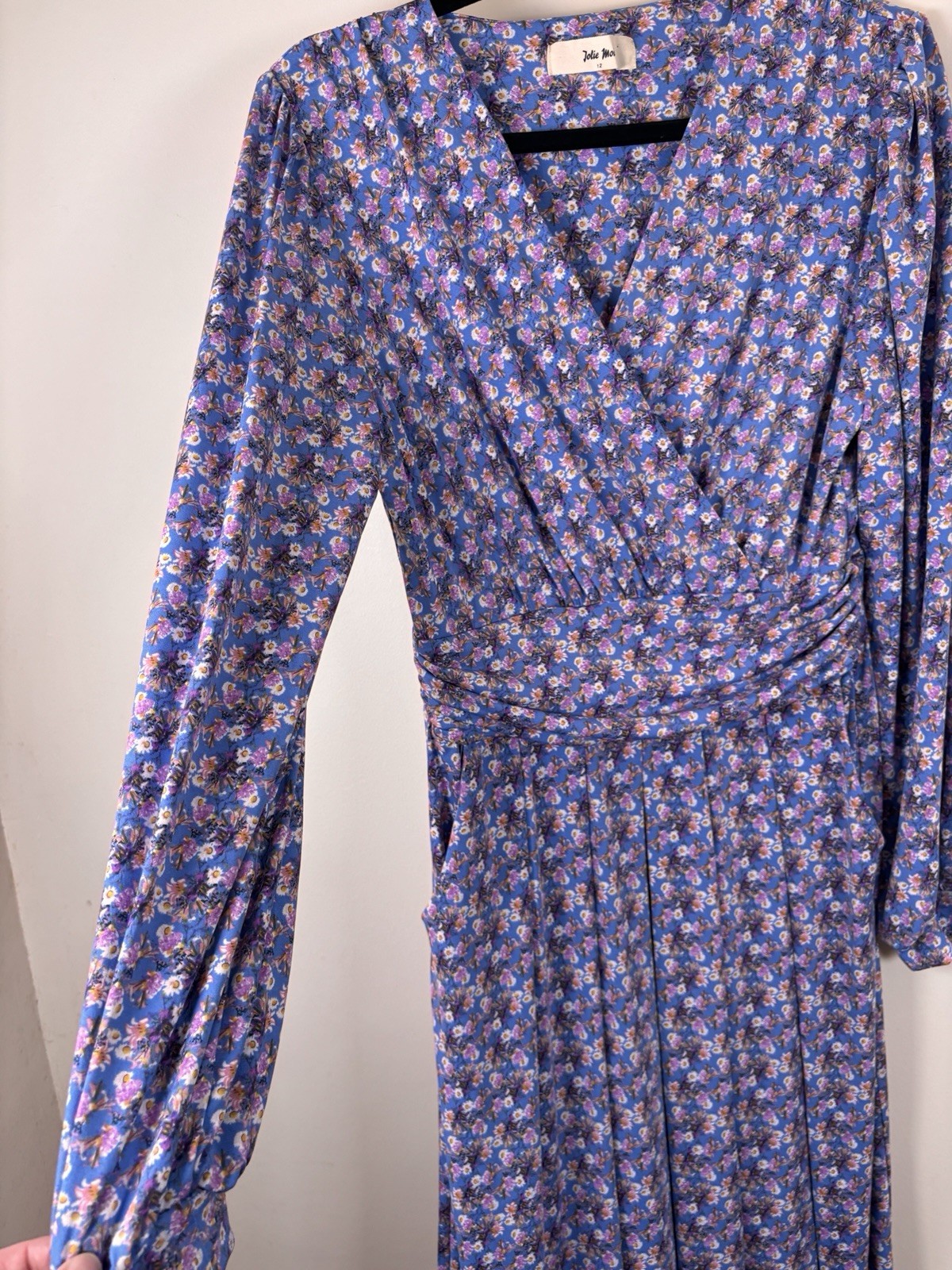 Jolie Moi UK 12 Tea Dress Stretchy Long Sleeved Blue Purple Floral Faux Wrap